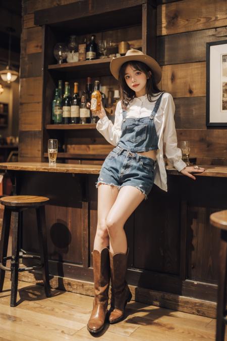 05892-1965655766-,1girl, cowgirl outfit, sitting, on counter, bar, wooden wall, cowboy boots,, masterpiece, best quality, highly detailed, ,drunk.png